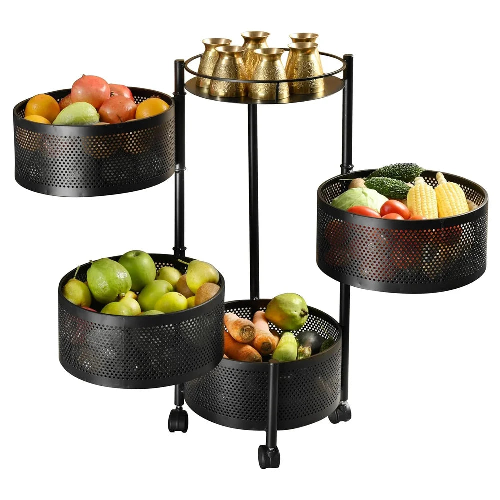 Round 5-Tier Black Metal Multi-Purpose Storage Trolley with Wheels