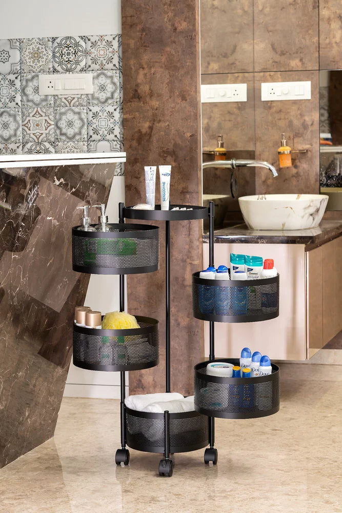 Round 5-Tier Black Metal Multi-Purpose Storage Trolley with Wheels
