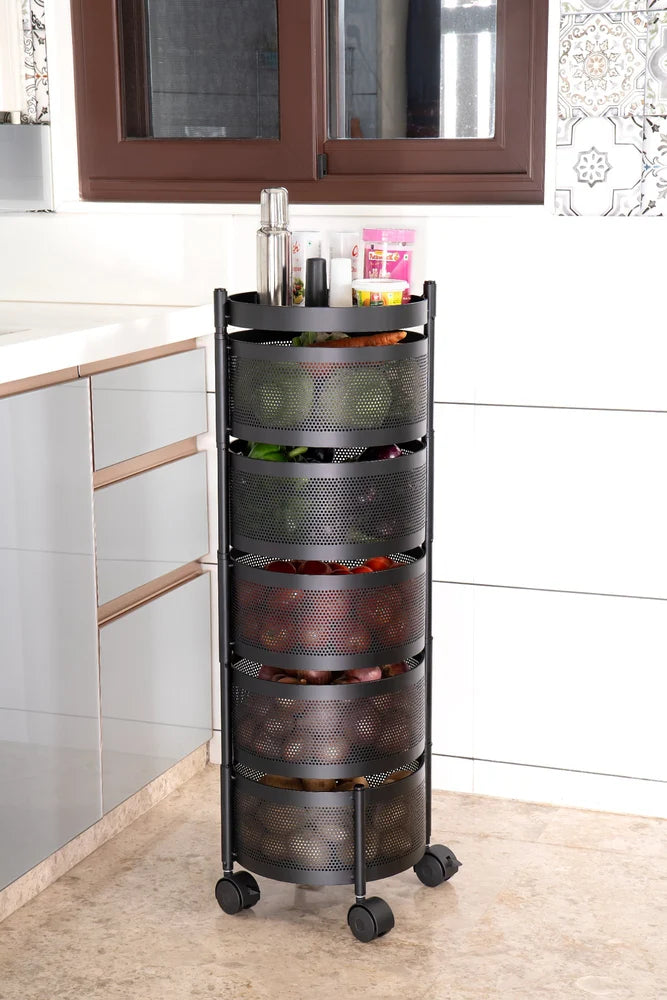 Round 5-Tier Black Metal Multi-Purpose Storage Trolley with Wheels