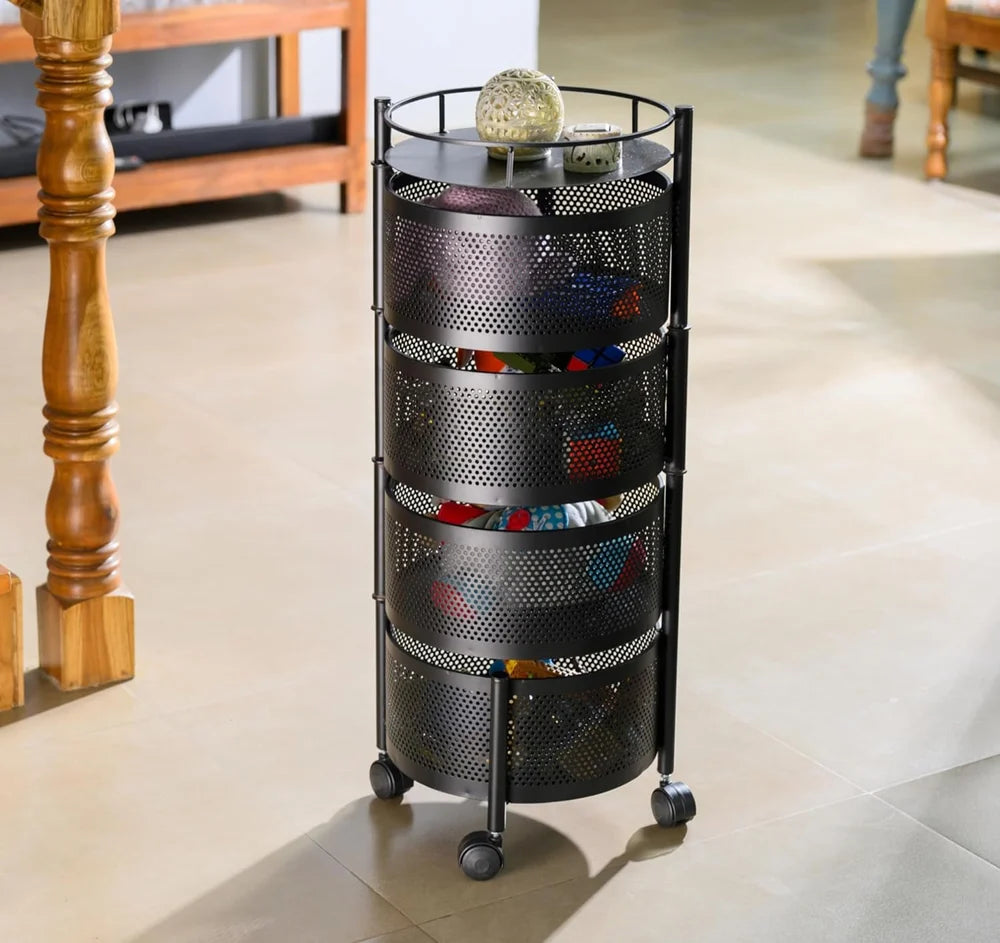 Round 5-Tier Black Metal Multi-Purpose Storage Trolley with Wheels