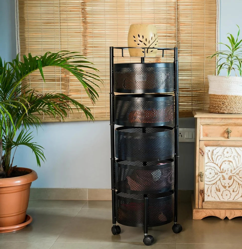 Round 5-Tier Black Metal Multi-Purpose Storage Trolley with Wheels