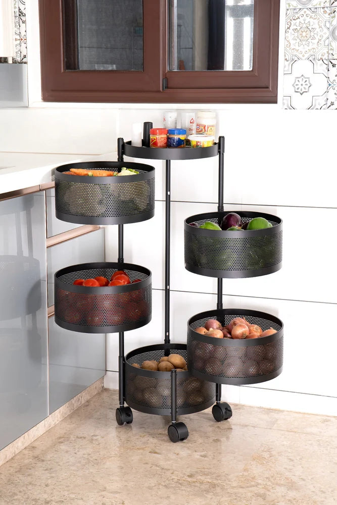 Round 5-Tier Black Metal Multi-Purpose Storage Trolley with Wheels