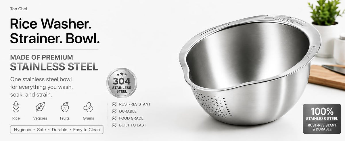 Stainless Steel Rice Washer, Vegetable & Fruit Strainer Bowl Copy title