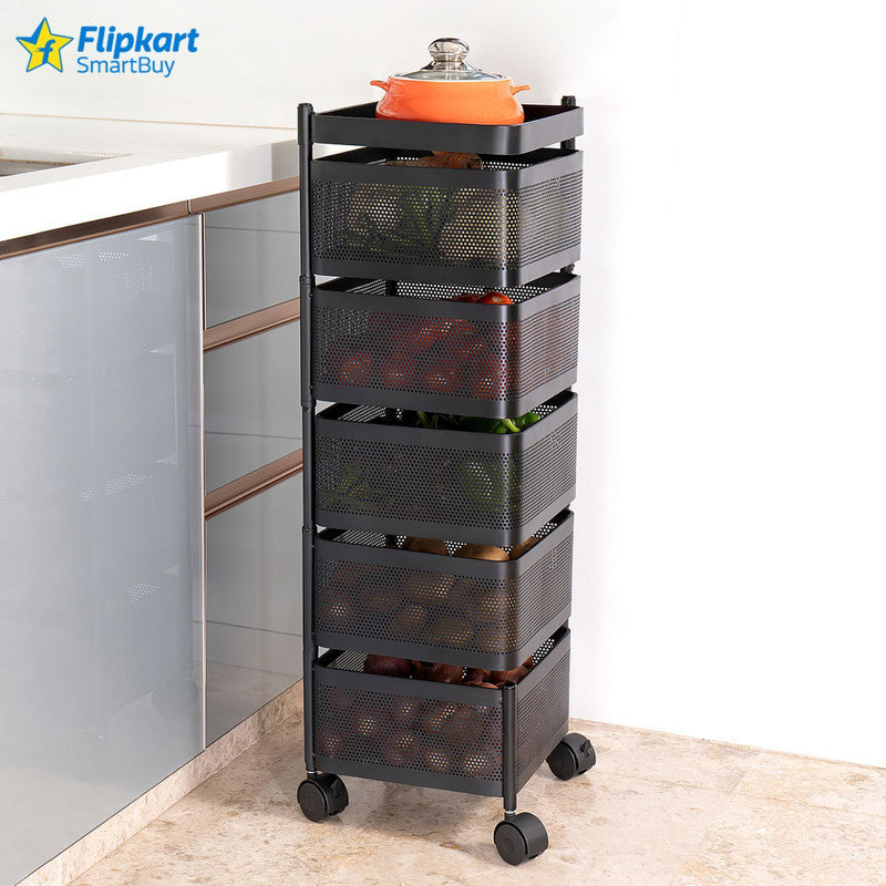 5-Tier Black Metal Multi-Purpose Storage Trolley with Wheels